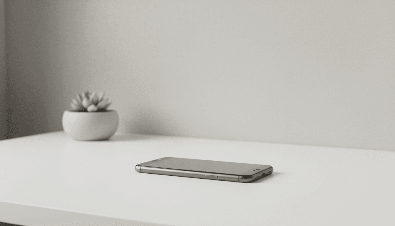 Modern smartphone on a minimalist desk with soft lighting