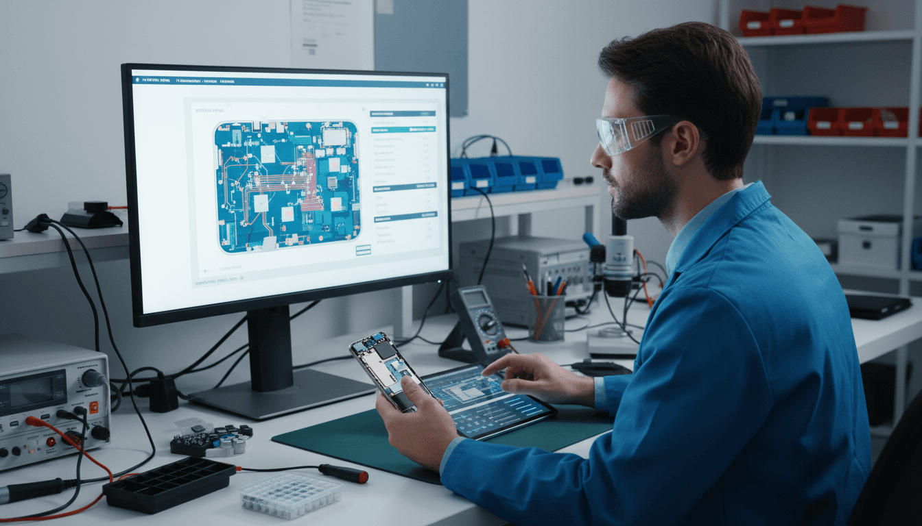 Technician analyzing diagnostic results of a smartphone at a workbench