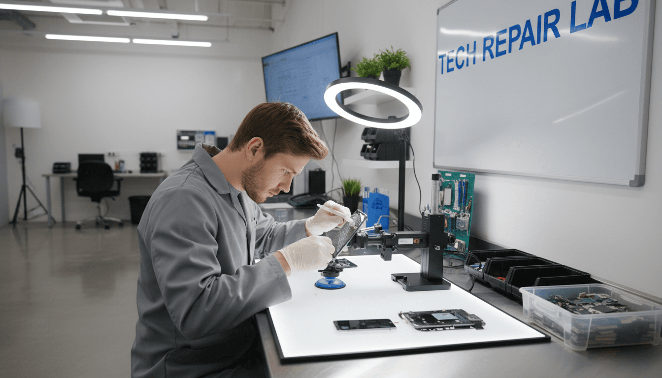 Technician repairing a smartphone screen in a clean, modern workshop