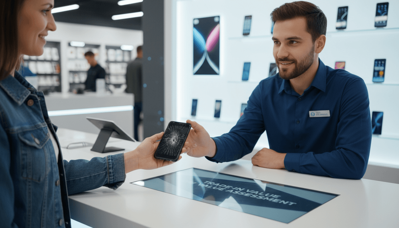 Customer handing over an old smartphone to staff at a tech counter