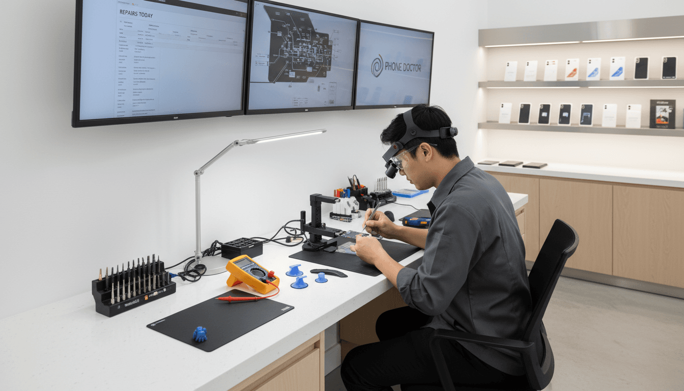 Technician repairing a smartphone at a clean, modern workbench