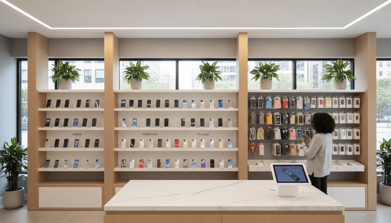 Modern mobile phone service store interior with clean displays