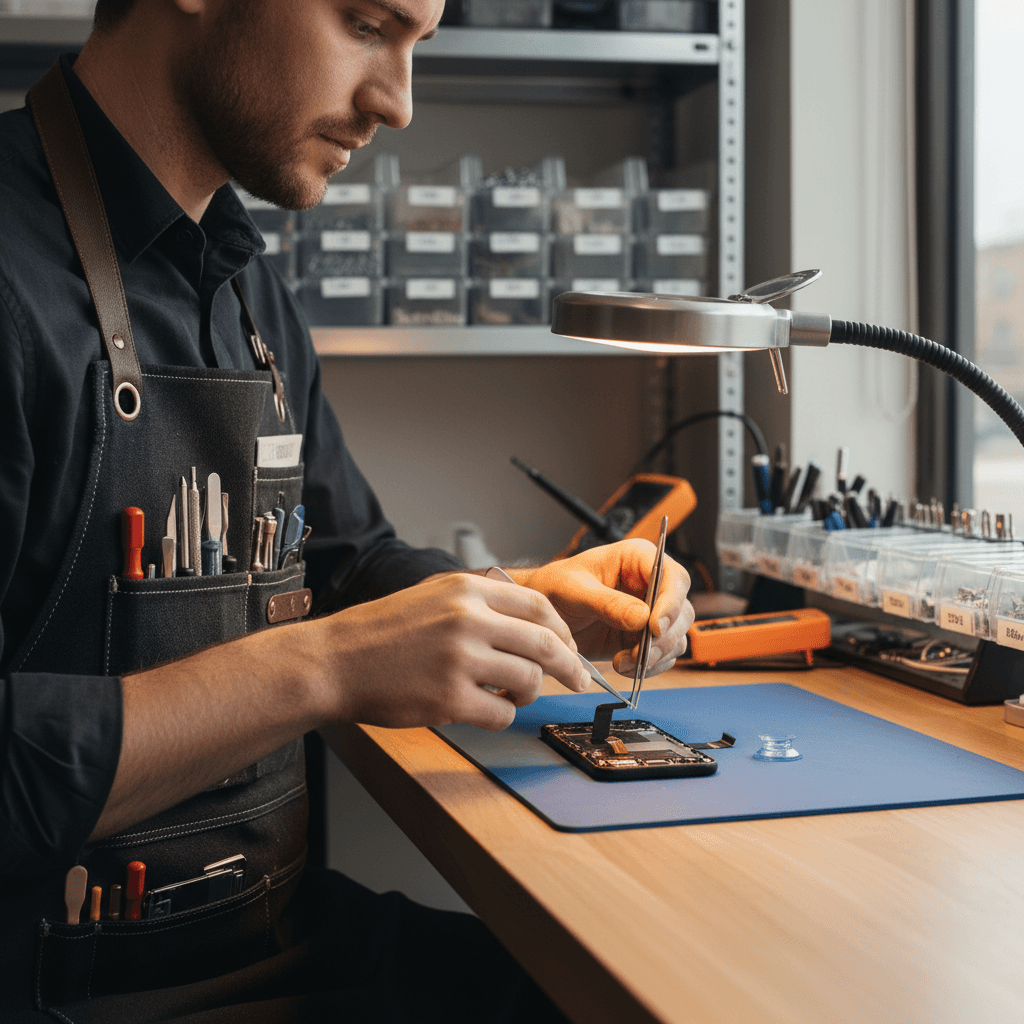 Teknisyen temiz bir çalışma tezgahında akıllı telefon ekranını onarıyor