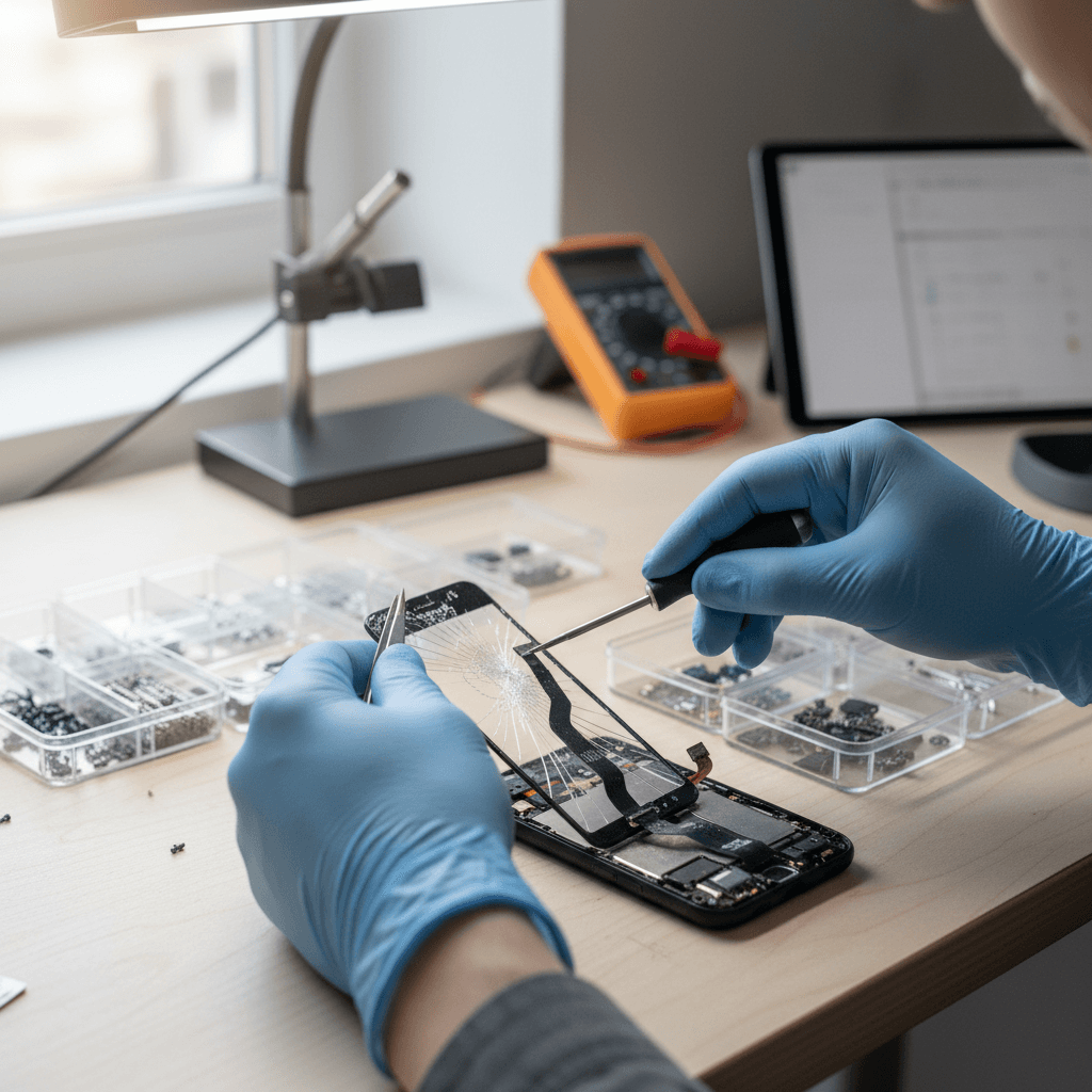 Technician repairing a smartphone screen in a modern workshop