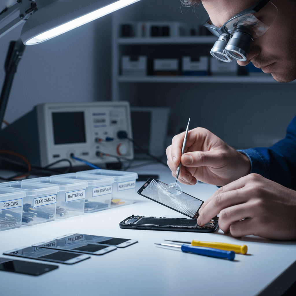 Technician inspecting smartphone at a modern service center counter