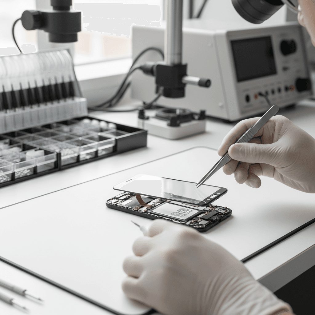 Technician carefully repairing a smartphone screen on a modern workbench