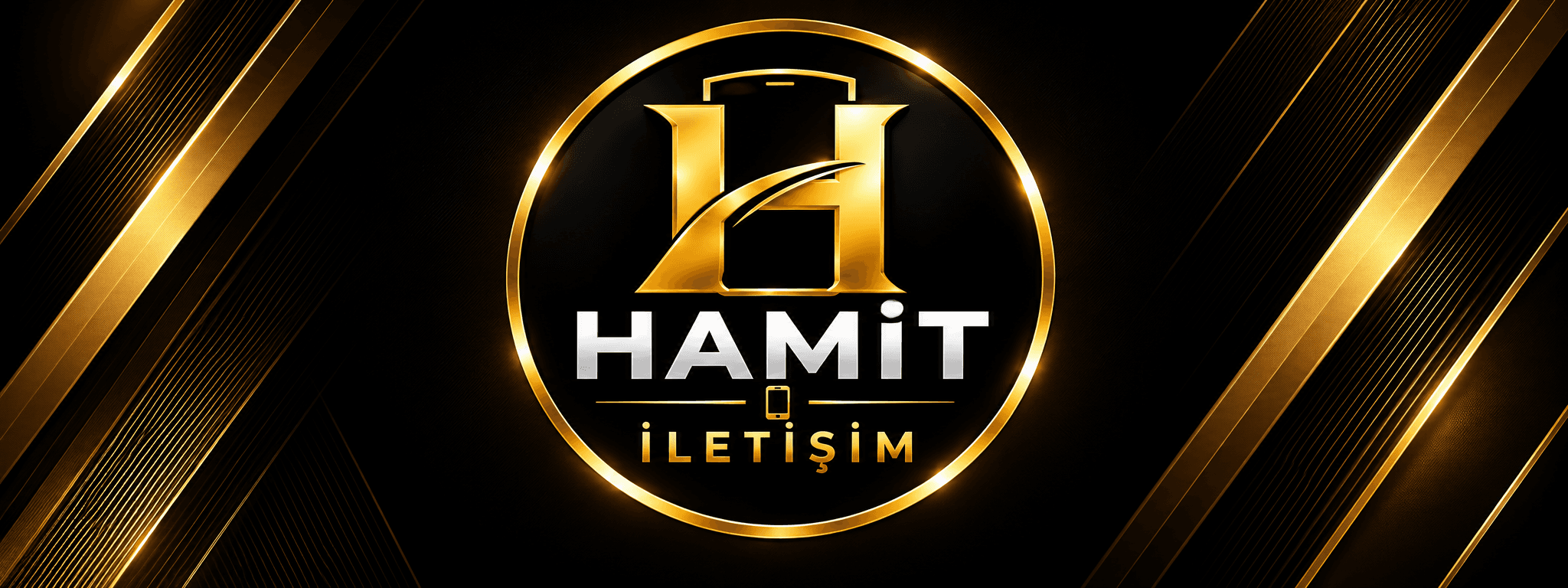 Golden Hamit İletişim logo with a stylized H on a black background with gold stripes.